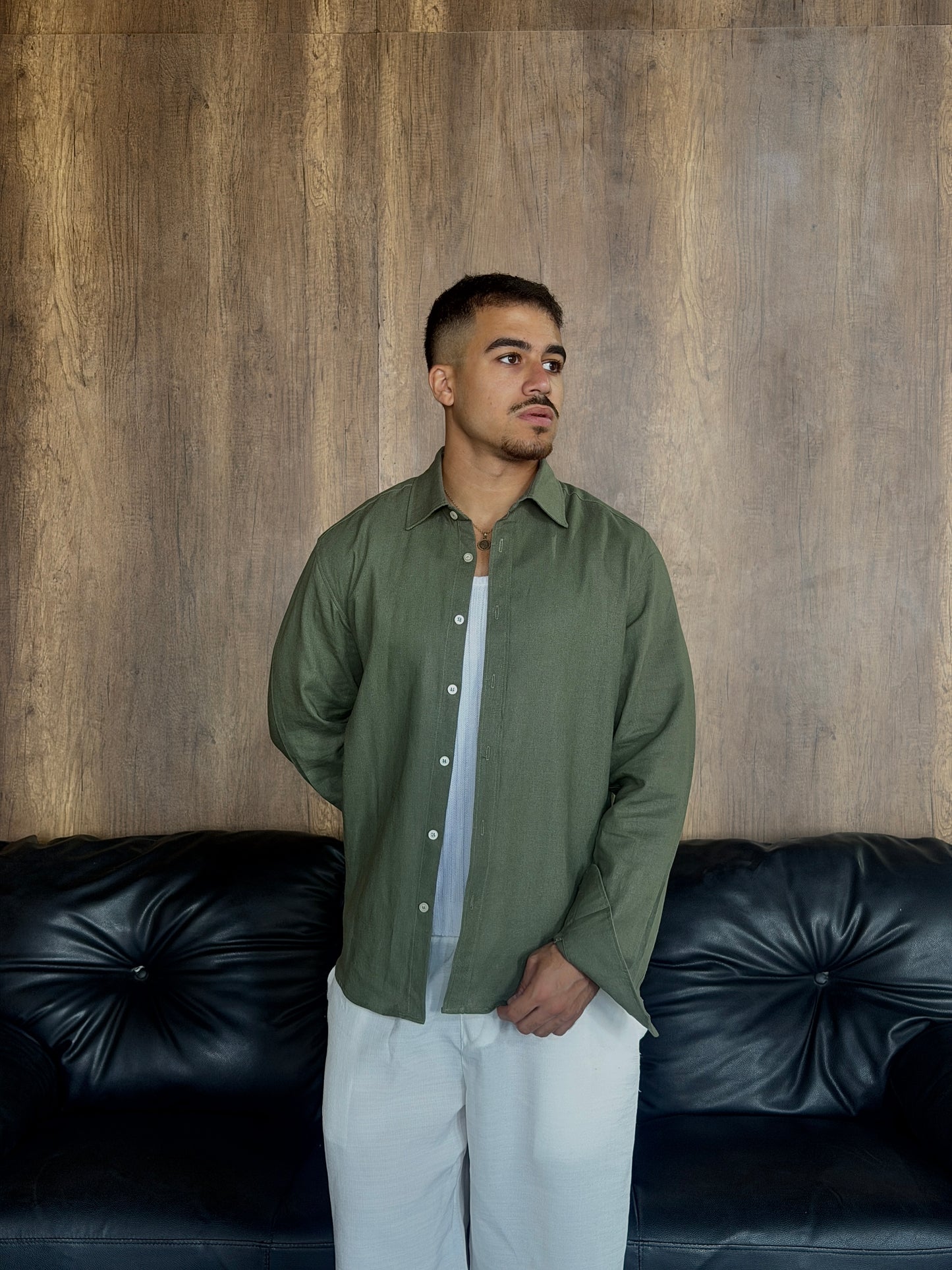 V-Linen Shirt (Olive)