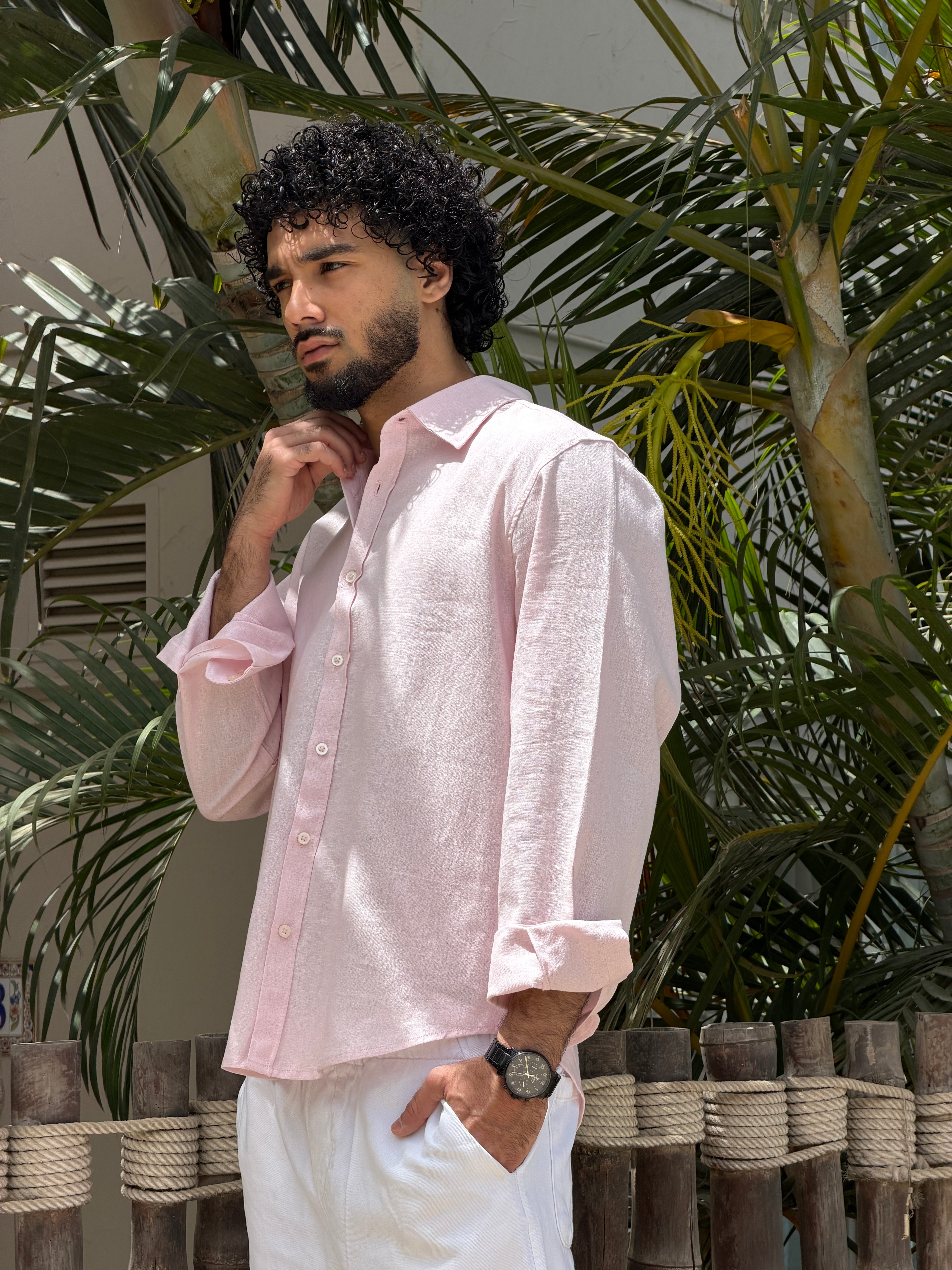 V-Linen Shirt (Powder Pink)