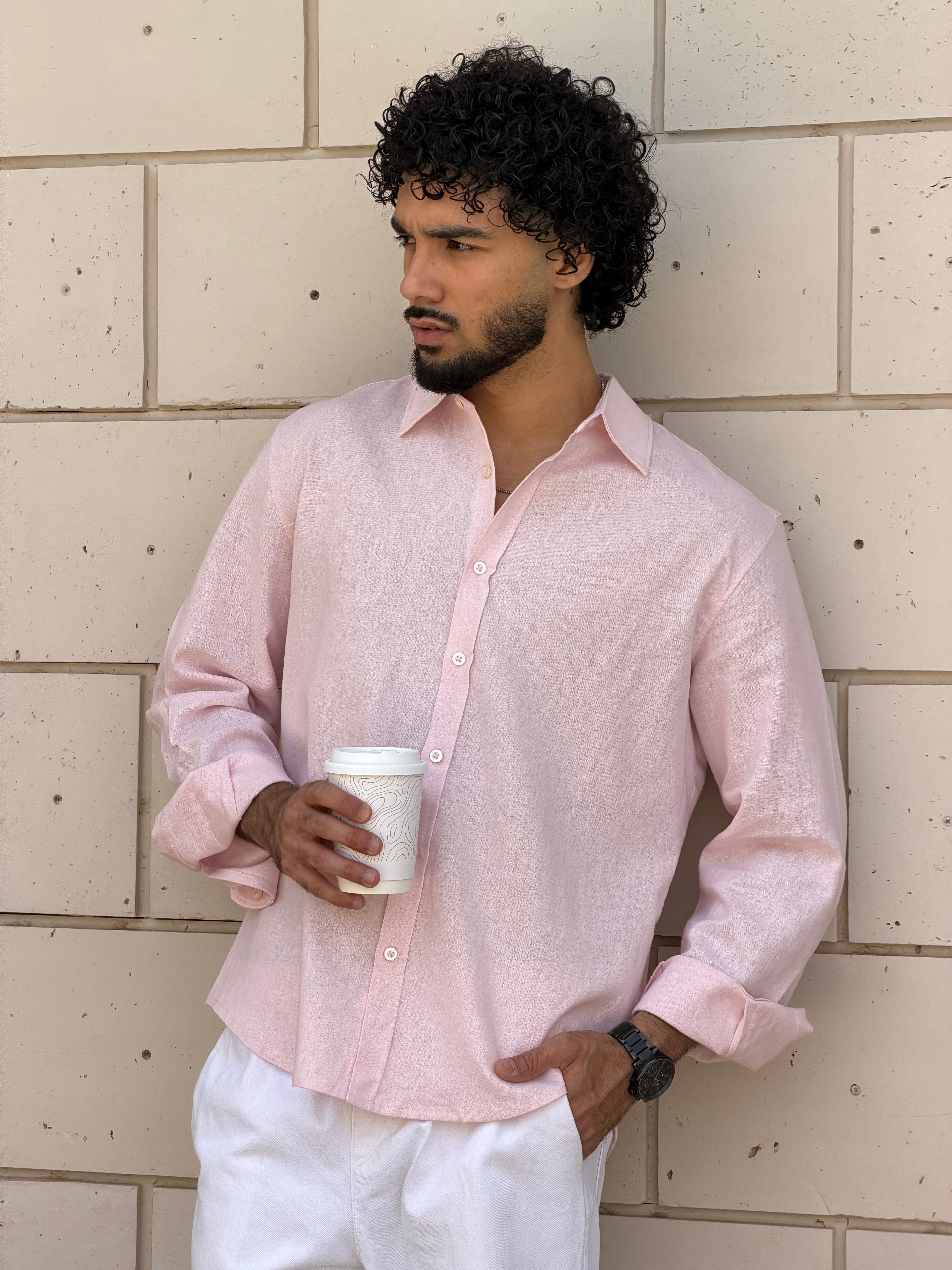 V-Linen Shirt (Powder Pink)
