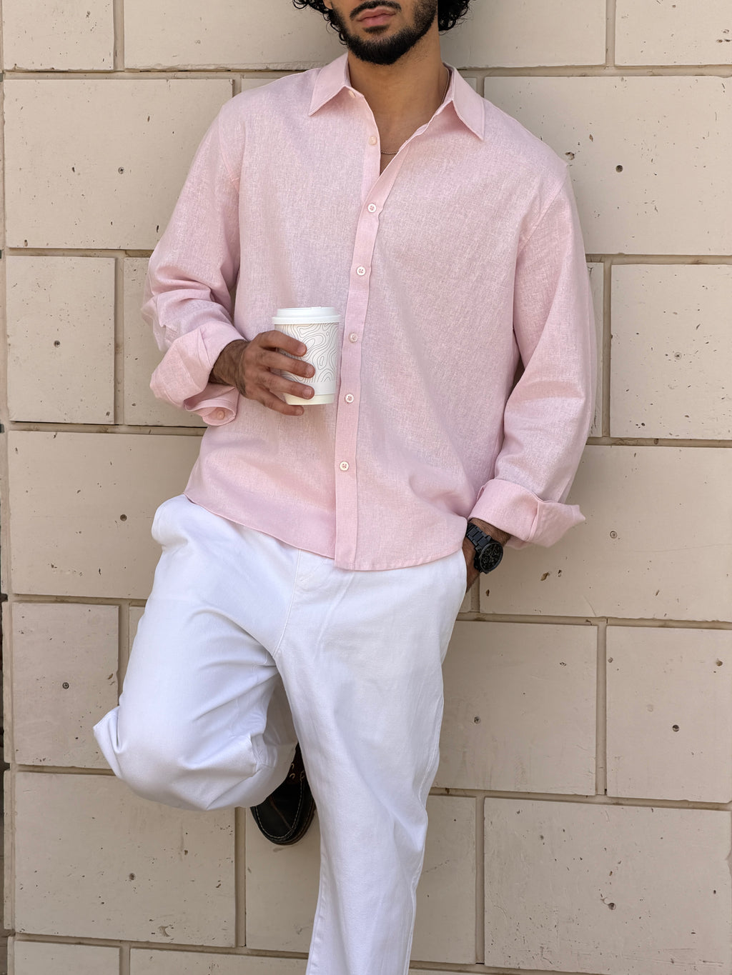 V-Linen Shirt (Powder Pink)