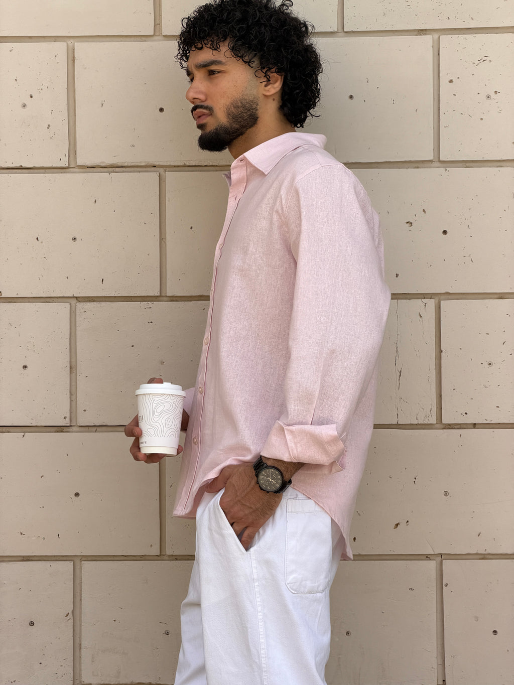 V-Linen Shirt (Powder Pink)