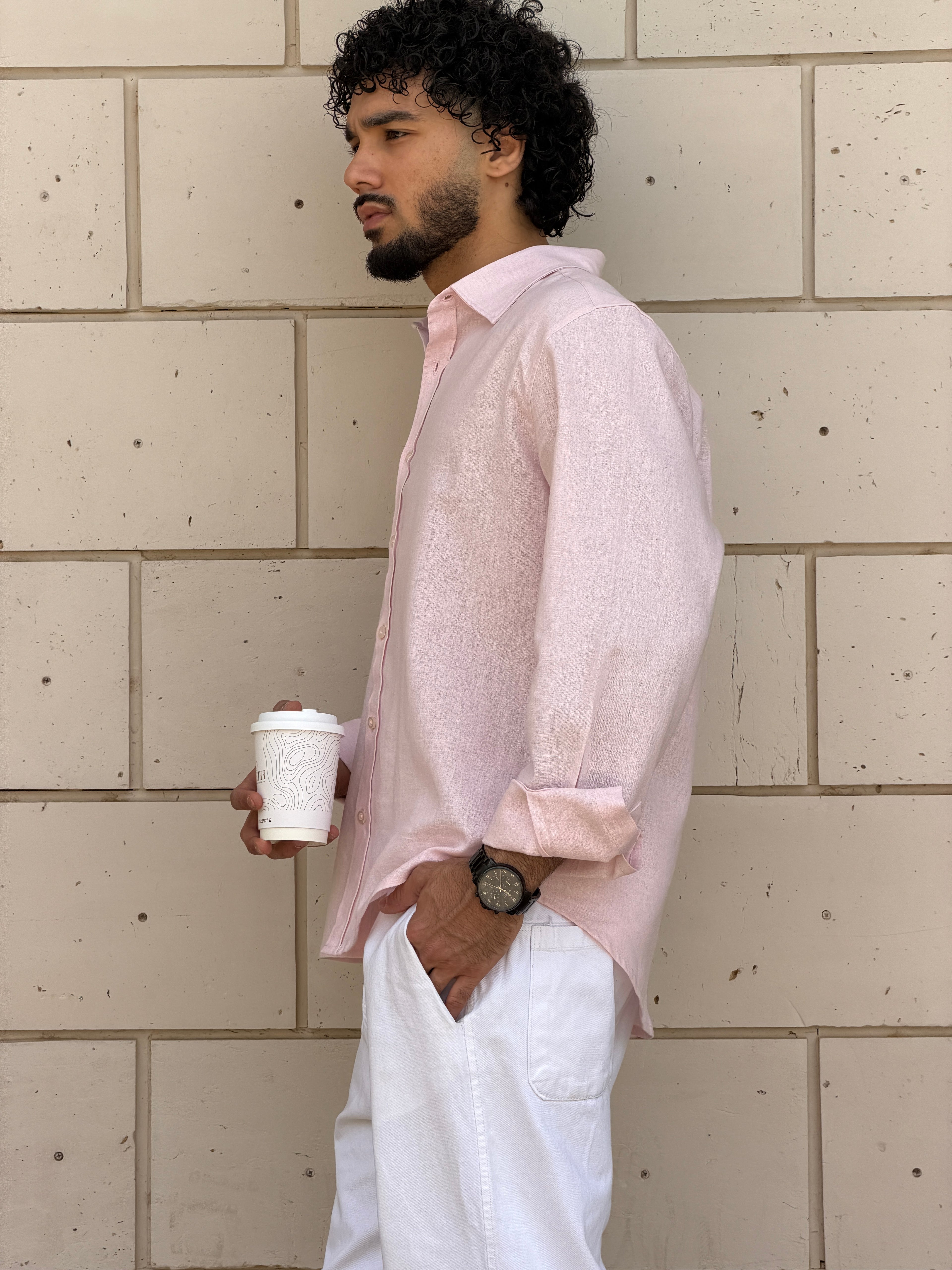 V-Linen Shirt (Powder Pink)