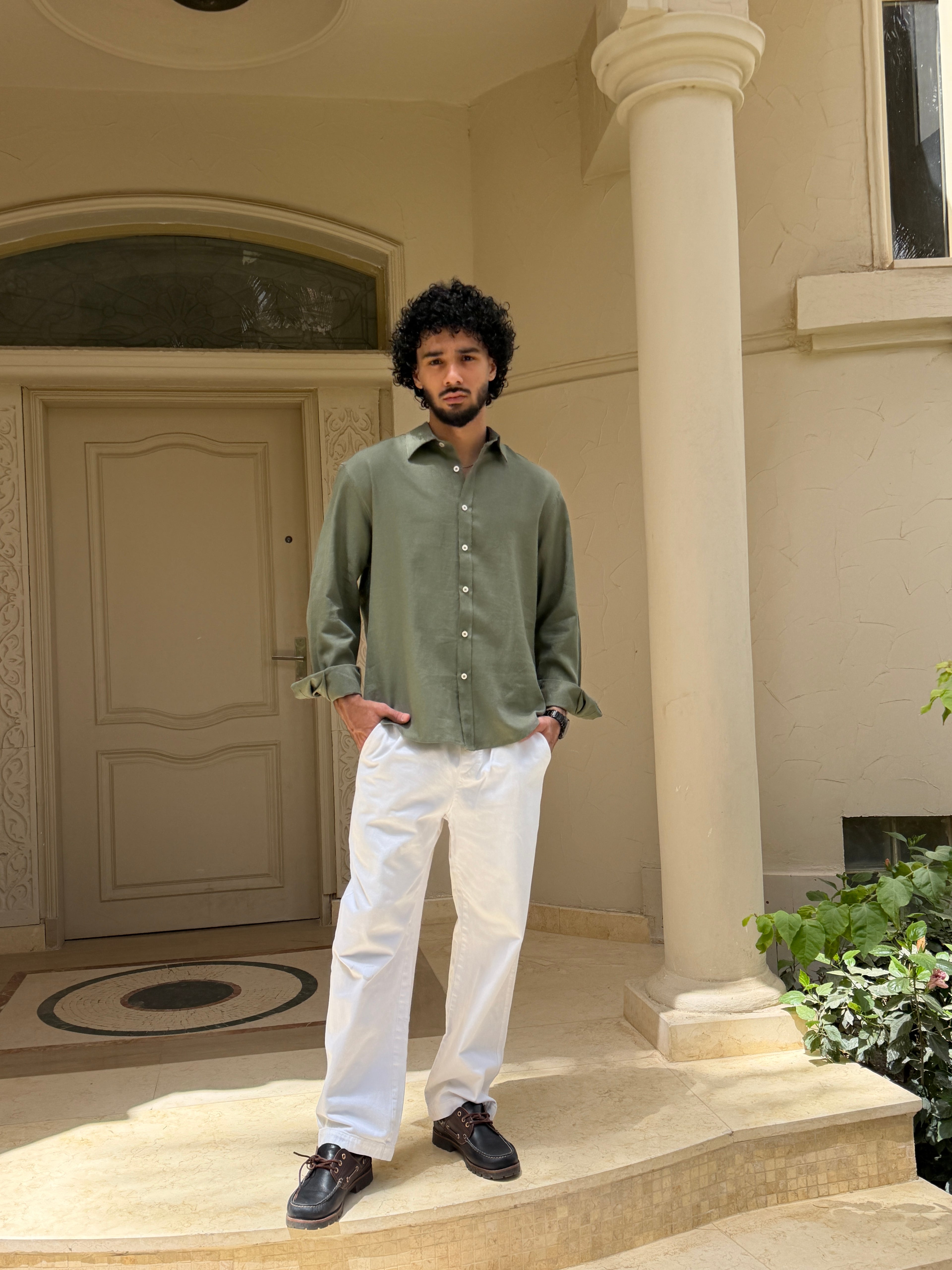 V-Linen Shirt (Olive)