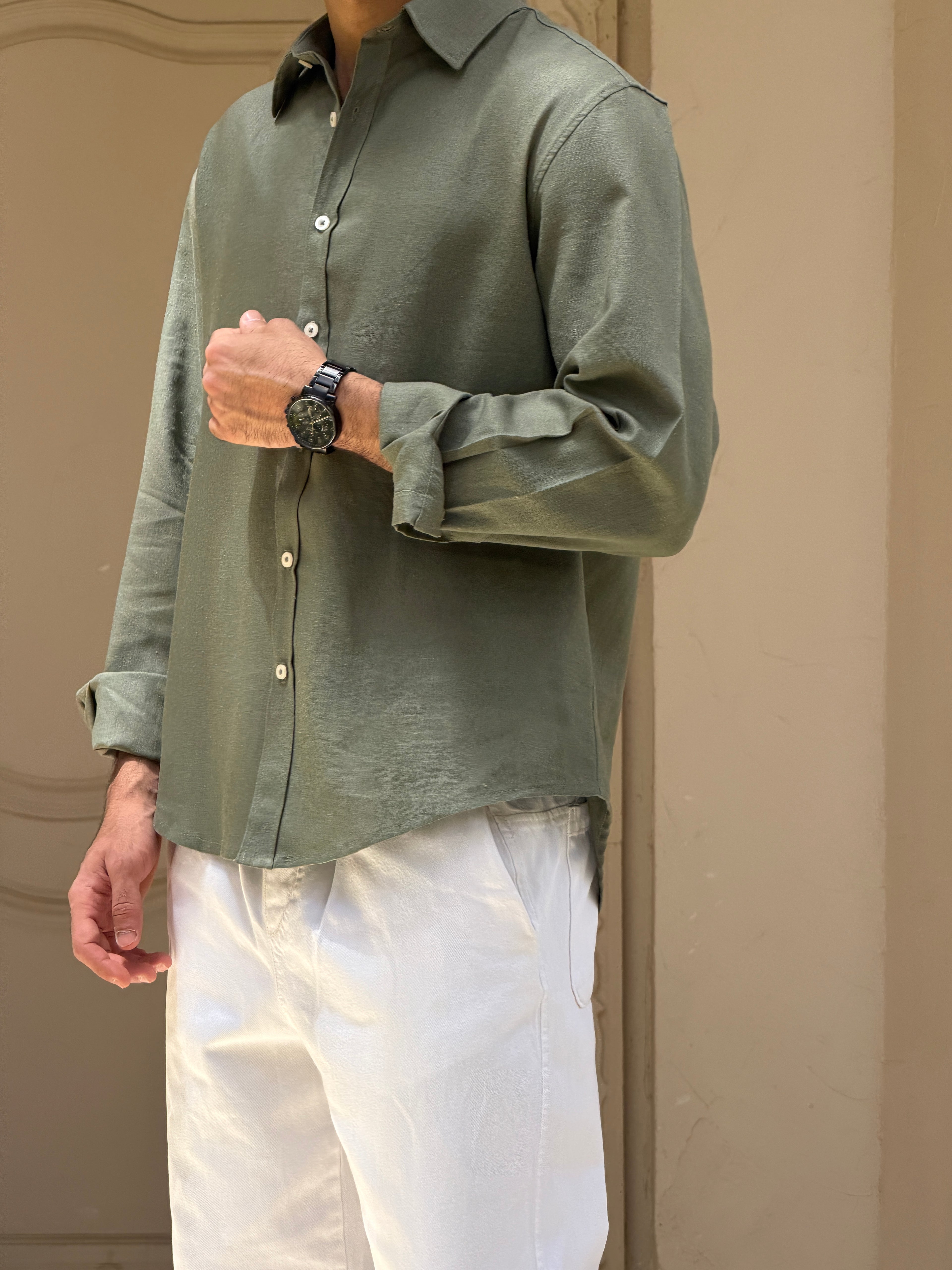 V-Linen Shirt (Olive)