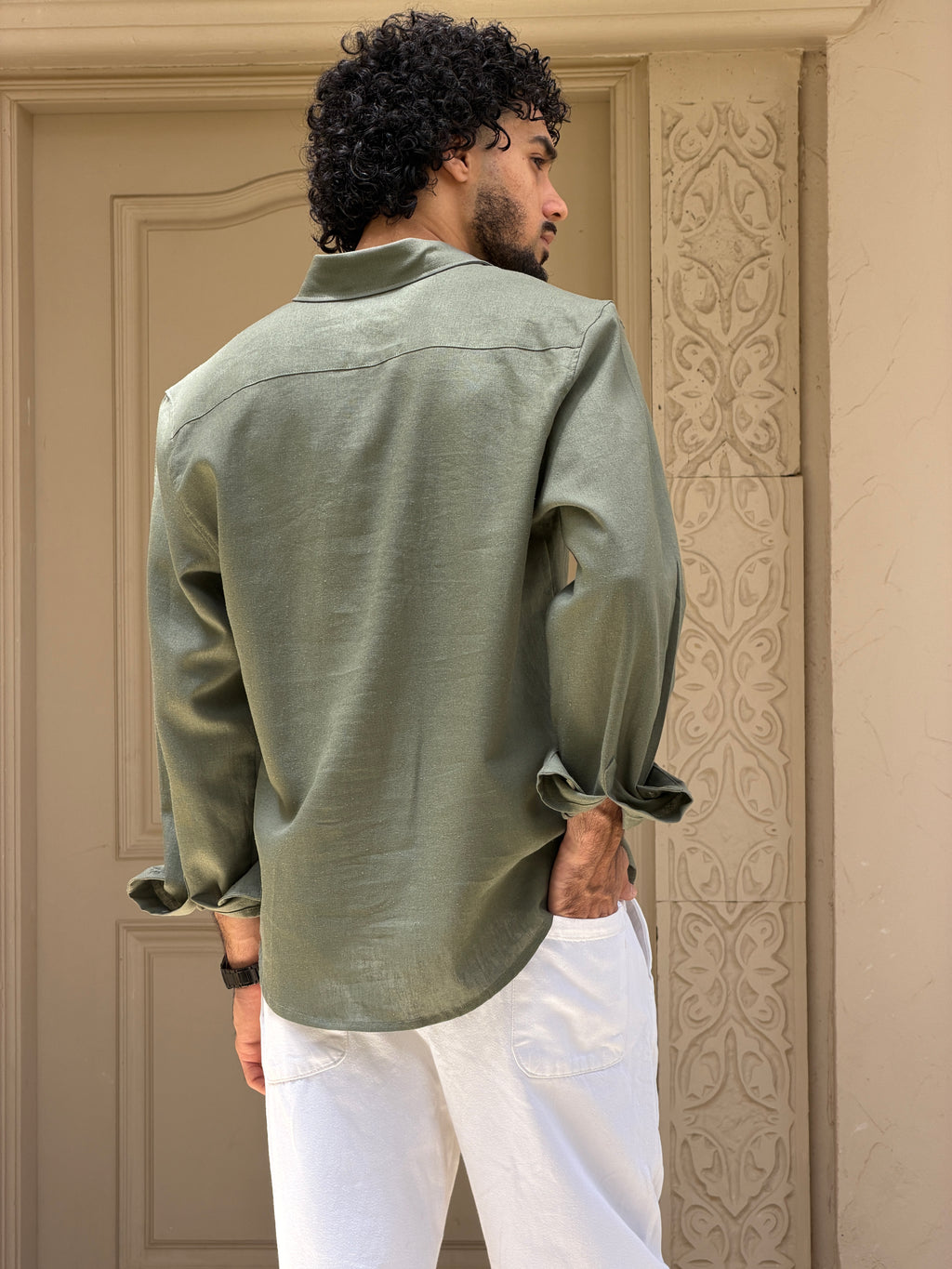 V-Linen Shirt (Olive)