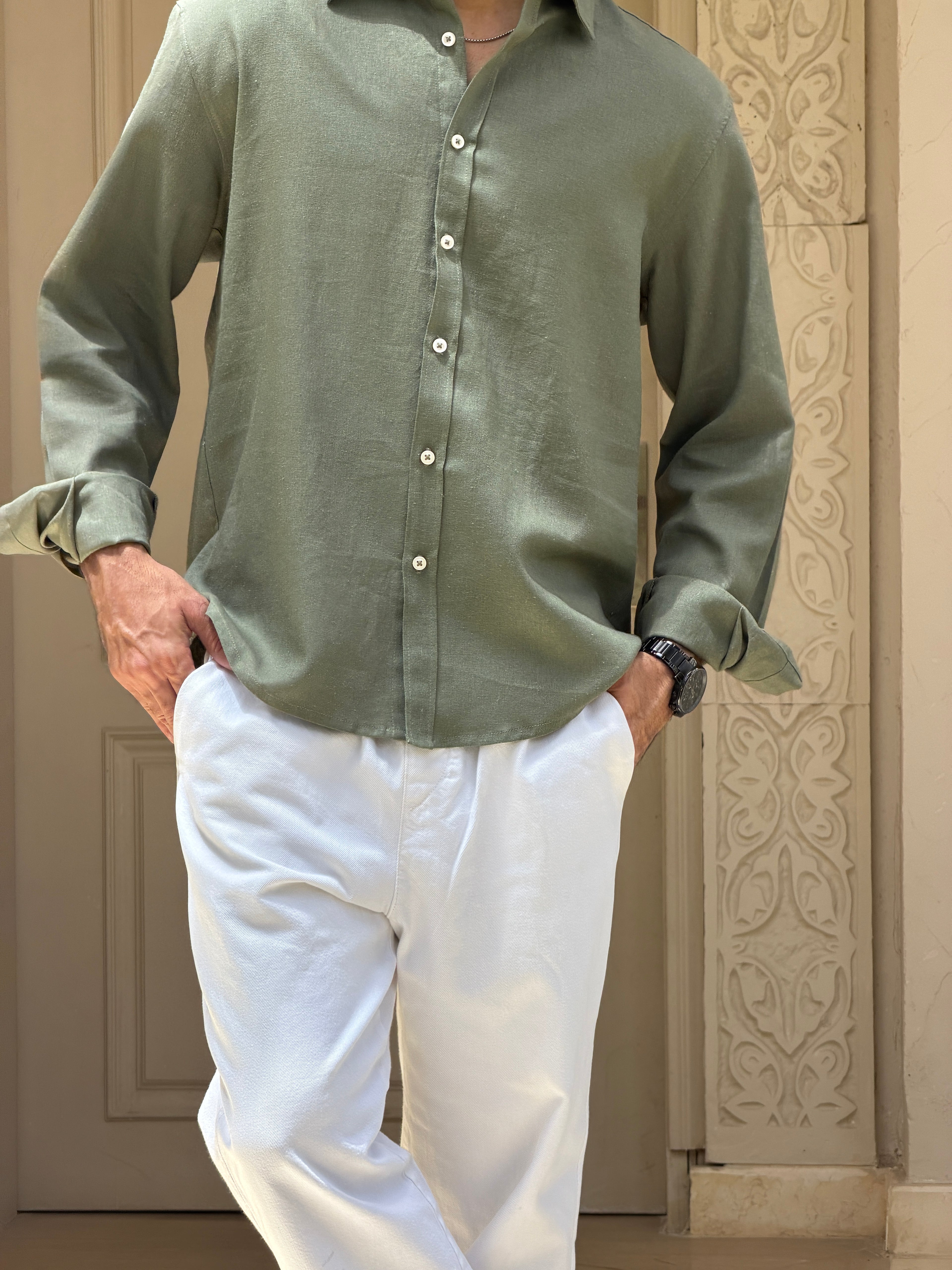 V-Linen Shirt (Olive)