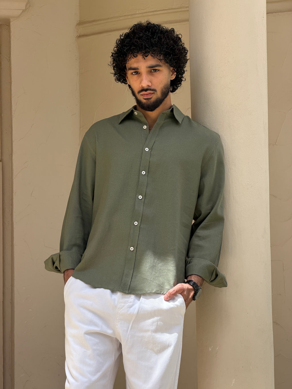 V-Linen Shirt (Olive)
