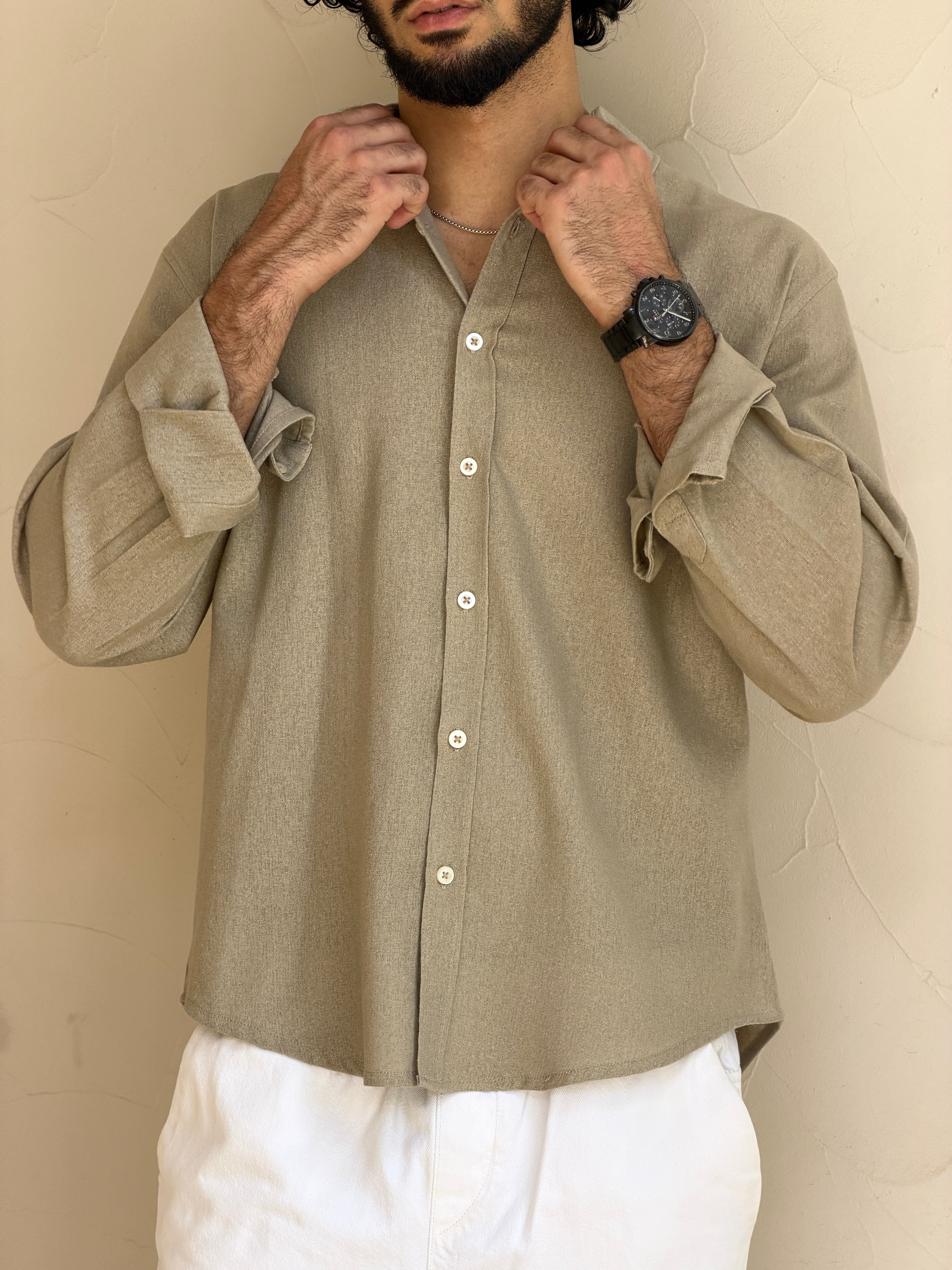V-Linen Shirt (Beige)