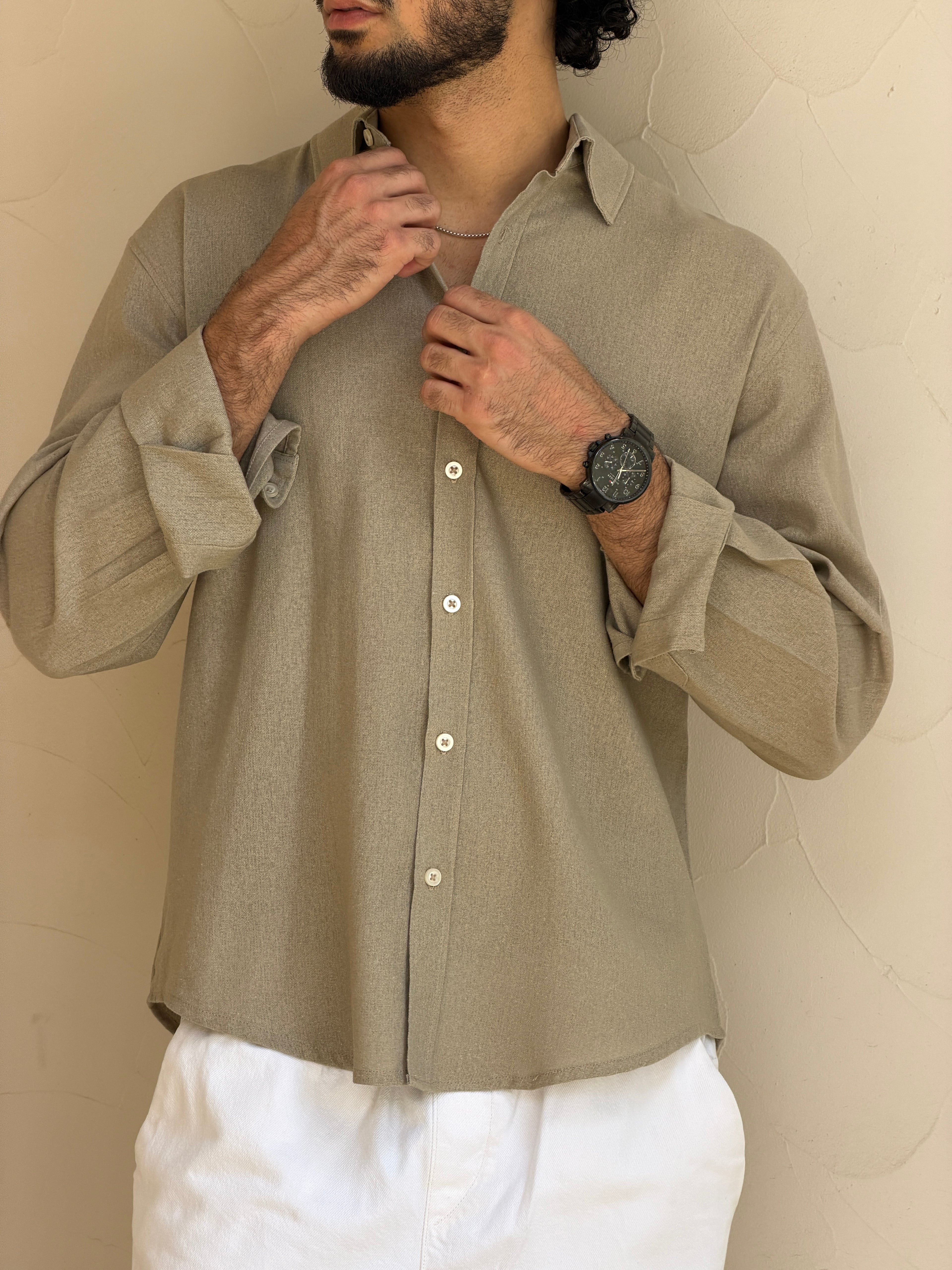 V-Linen Shirt (Beige)